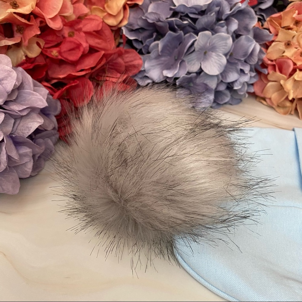 Blue Baby Beanie Hat with Gray Pom Pom and Earflaps - Picture 10 of 15